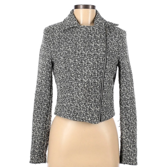 Blue Rain Jackets & Blazers - Women's Black and White Tweed Motorcycle Jacket Size Medium
